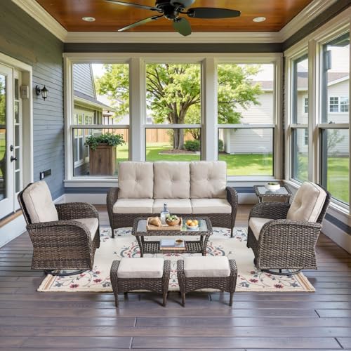 Outdoor Wicker Swivel Rocker Chairs Set of 2 with Rattan Side Table, Brown/Blue B592