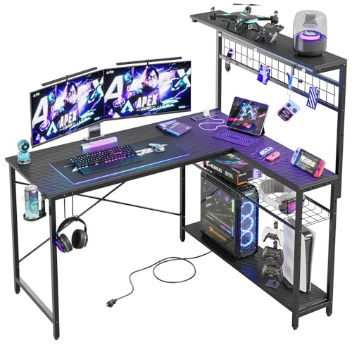 Bestier 42 L Gaming Desk with Power Outlets, LED Lights and Shelves D8630