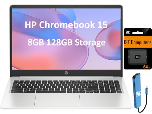 HP Chromebook 15 15.6" HD (Intel Pentium N6000, 8GB RAM, 128GB Storage (64GB eMMc + 64GB SD Card), UHD Graphics, Numeric KB) Home & Student Laptop, Anti-Glare, Webcam, Wi-Fi, Chrome OS, Silver