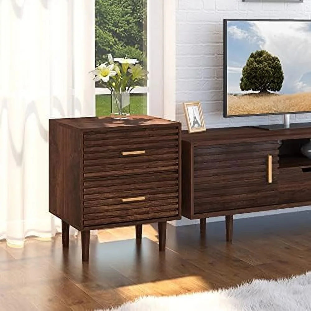 Mid-Century Modern Nightstand with 2 Drawers and Solid Wood Legs X354004