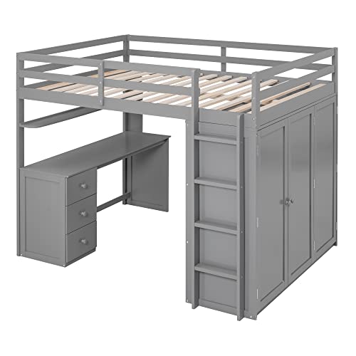 Harper & Bright Designs Full Loft Bed with Desk, Wardrobe, Solid Wood N868457