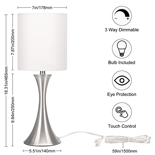 Dimmable Bedside Lamp with Touch Control, Beige Shade, LED Bulb Included S148