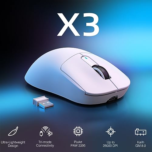 ATTACK SHARK X3 Wireless Gaming Mouse, 49g Ergonomic, PAW3395 26K DPI, White C238377