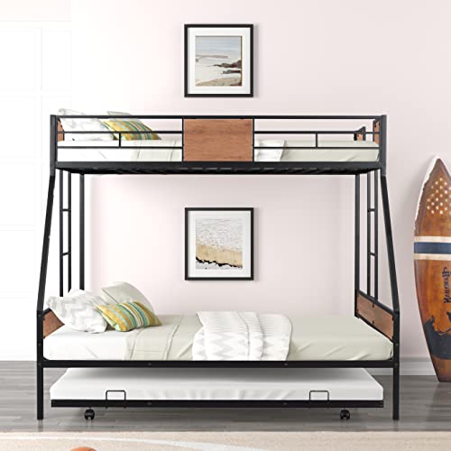 Twin Over Full Bunk with Trundle Metal Bunk Bed Frame with Slat and Guardrail, Black