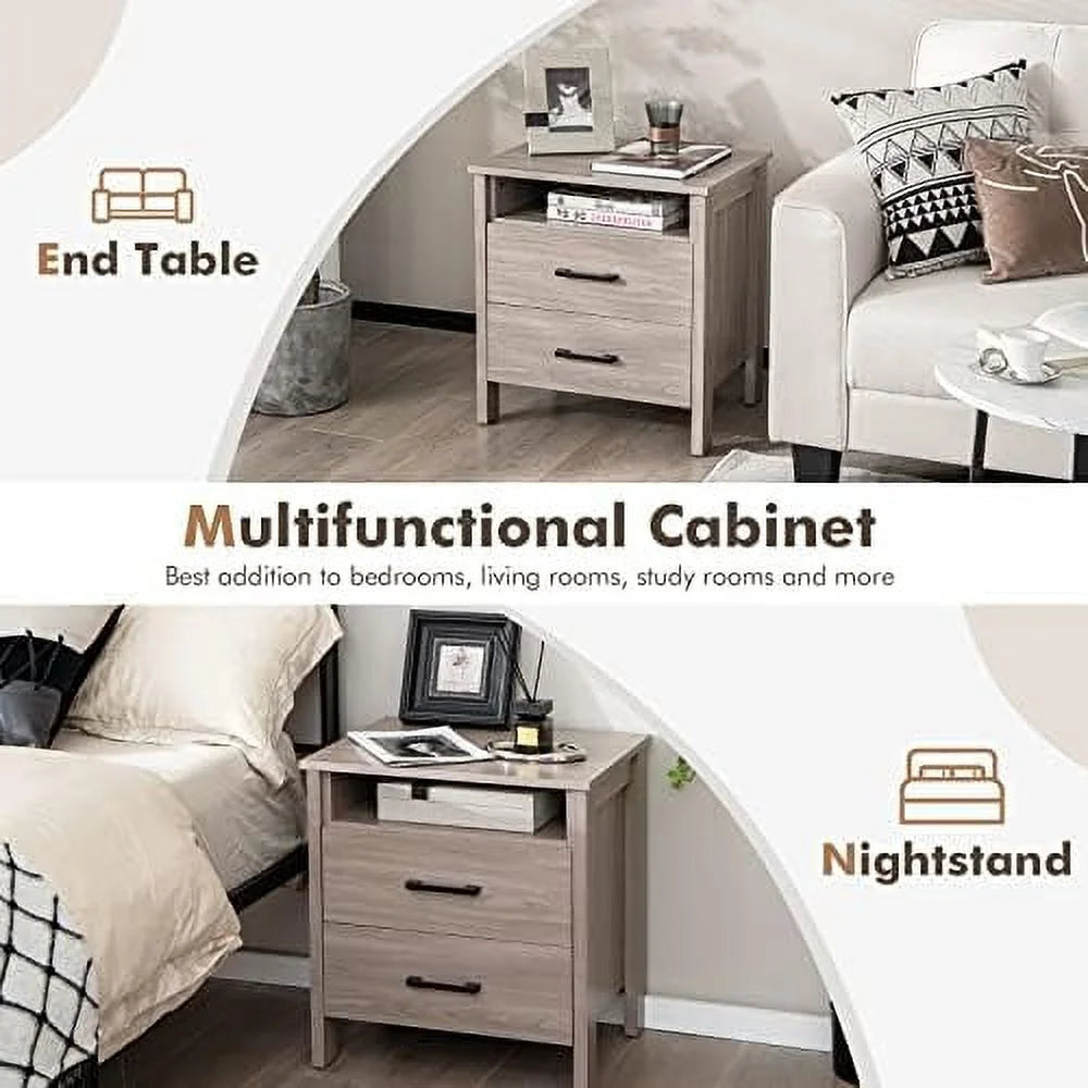 RUNFAYBIU Nightstand with 2 Drawers Wooden End Table Oak S202392