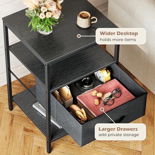 SUPERJARE Nightstand with Charging Station, Fabric Drawer, 3-Tier Storage, Walnut K366263