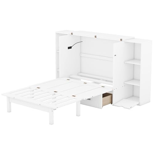 Ball & Cast Queen Size Solid Pine Murphy Bed with Charging Station, White + Walnut P2075