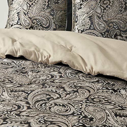 Madison Park Cal King 7 Piece Comforter Set, Faux Silk Jacquard Paisley, Black S501