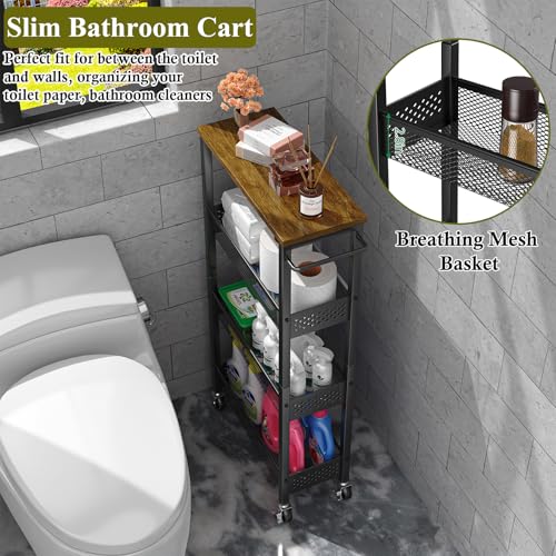 Utility Slim Storage Cart 4-Tier Rolling Cart with Wood Top A517006
