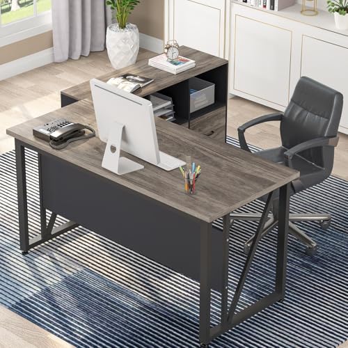 Tribesigns 63" Executive Desk with 47" Lateral File Cabinet, L-Shaped Computer Desk, Brown and Black N680173