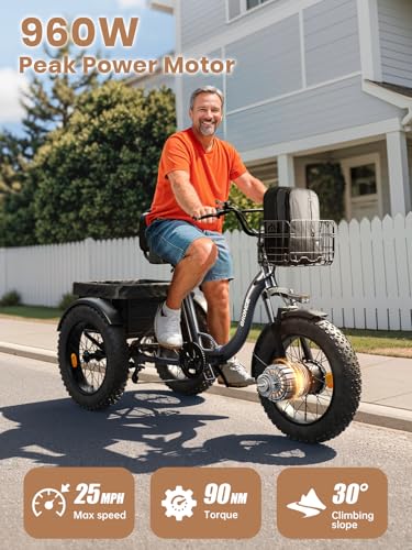 Electric Tricycle for Adults 960W Peak, 36V 15AH Battery, 50 Miles Range, 20" Fat Tire J900456