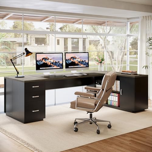 Tribesigns 85.8-Inch L-Shaped Executive Desk with File Drawers & Shelves, White & Brown I578