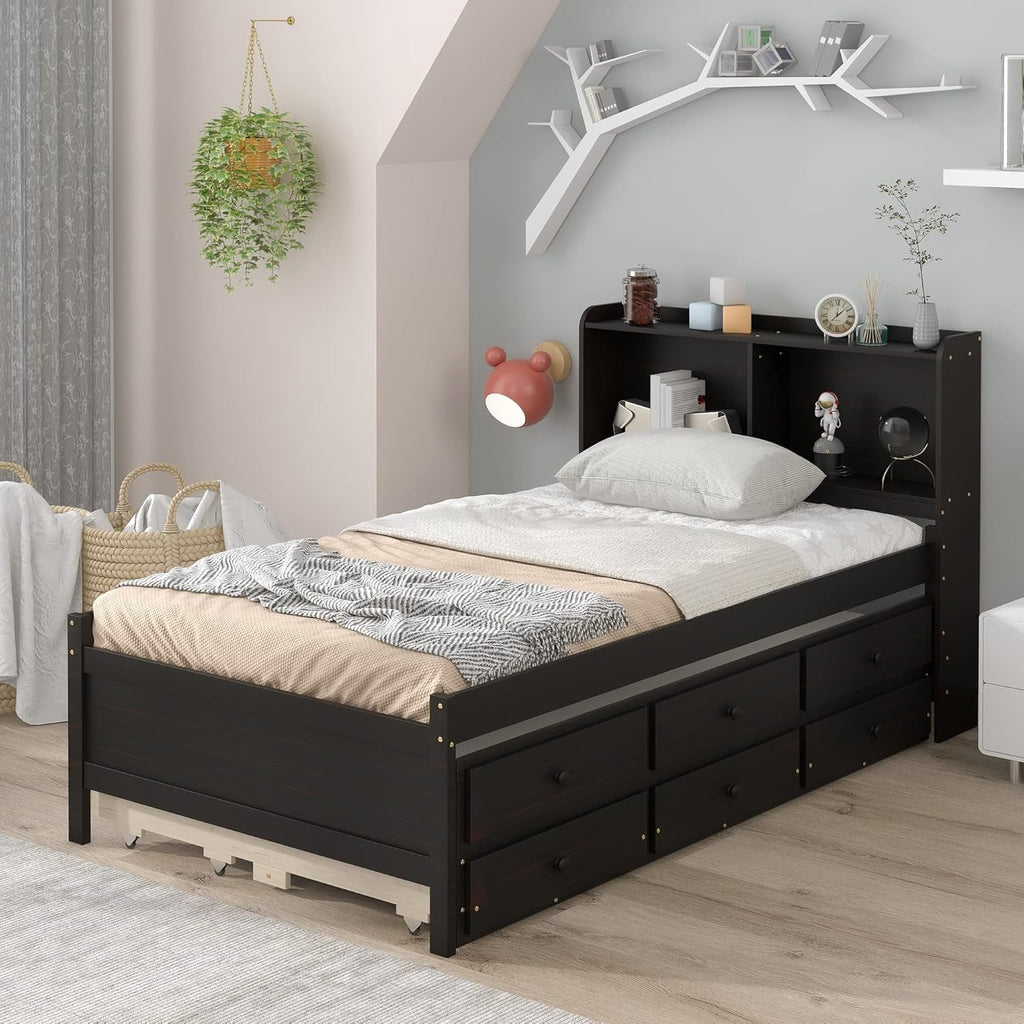 Twin Captain’s Bed with Bookcase Headboard and Trundle, Espresso K258180