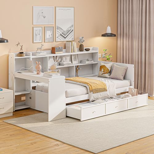 Bellemave Twin Corner Bed Frame with Storage Shelves and Desk, Gray L74206