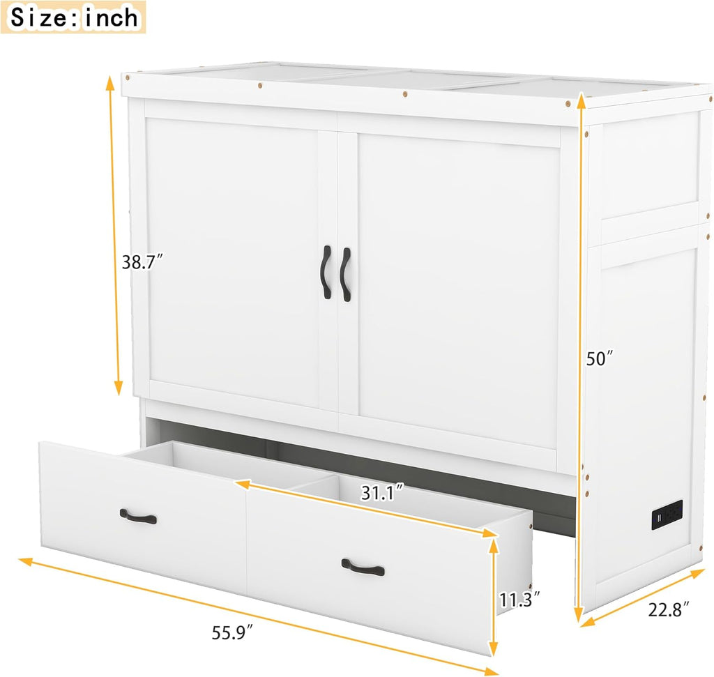 Full Size Murphy Bed Cabinet with Storage Drawer and USB Port, White L988395