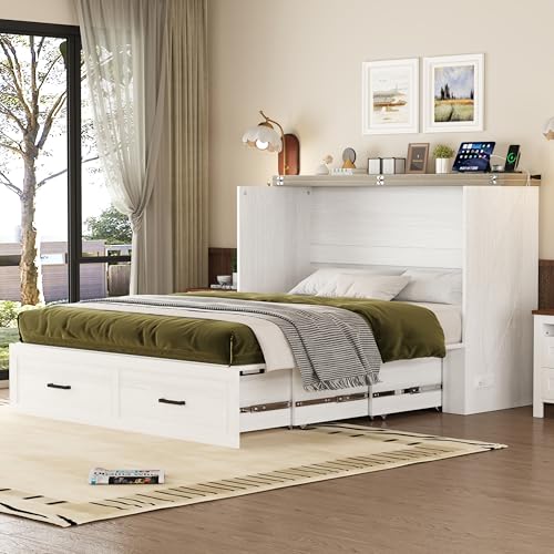 Queen Size Murphy Bed Cabinet with Charging Station, White P336686