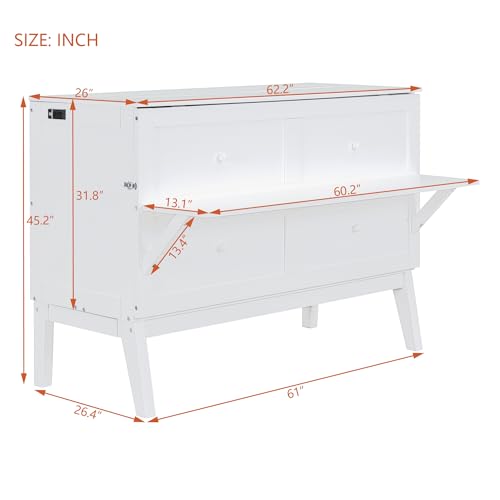 Queen Size Solid Pine Murphy Bed Chest with Charging Station and Storage Drawer K498