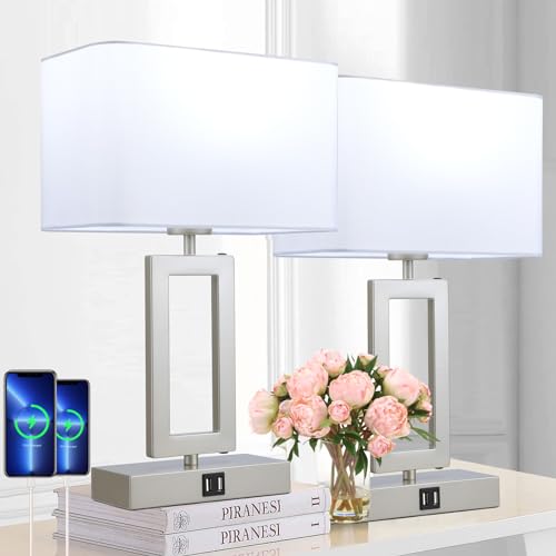 22’’ Set of 2 Touch Control Table Lamps w. 2 USB Ports, 3-Way Dimmable Bedroom Bedside Nightstand, Modern Gold&White Touch Lamps for Living Room End Table, LED Bulbs Included