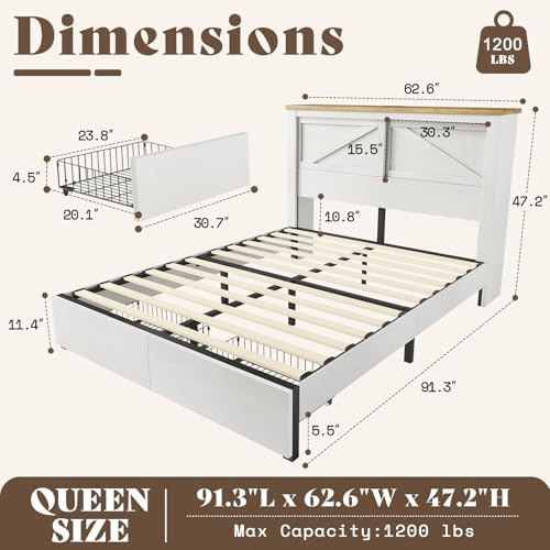 AMERLIFE King Bed Frame with Bookcase Headboard and Charging Station V4787