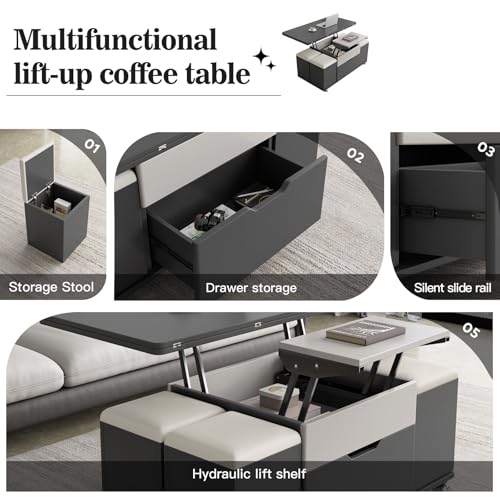 Modern Lifting Coffee Table with 4 Stools and Storage D3758