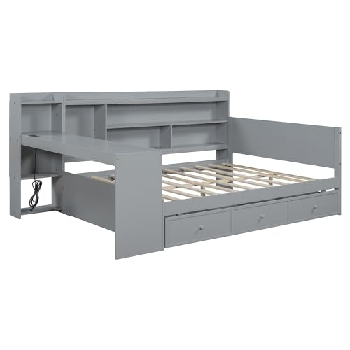 Bellemave Twin Corner Bed Frame with Storage Shelves and Desk, Gray L74206