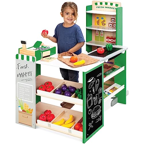 Pretend Play Grocery Store Wooden Supermarket Toy Set for Kids with Play Food, Cash Register, Conveyor - Red I3448