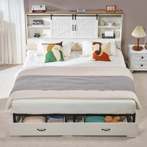 VanAcc Full Size Wooden Platform Bed with Bookcase Headboard and 2 Drawers O6158