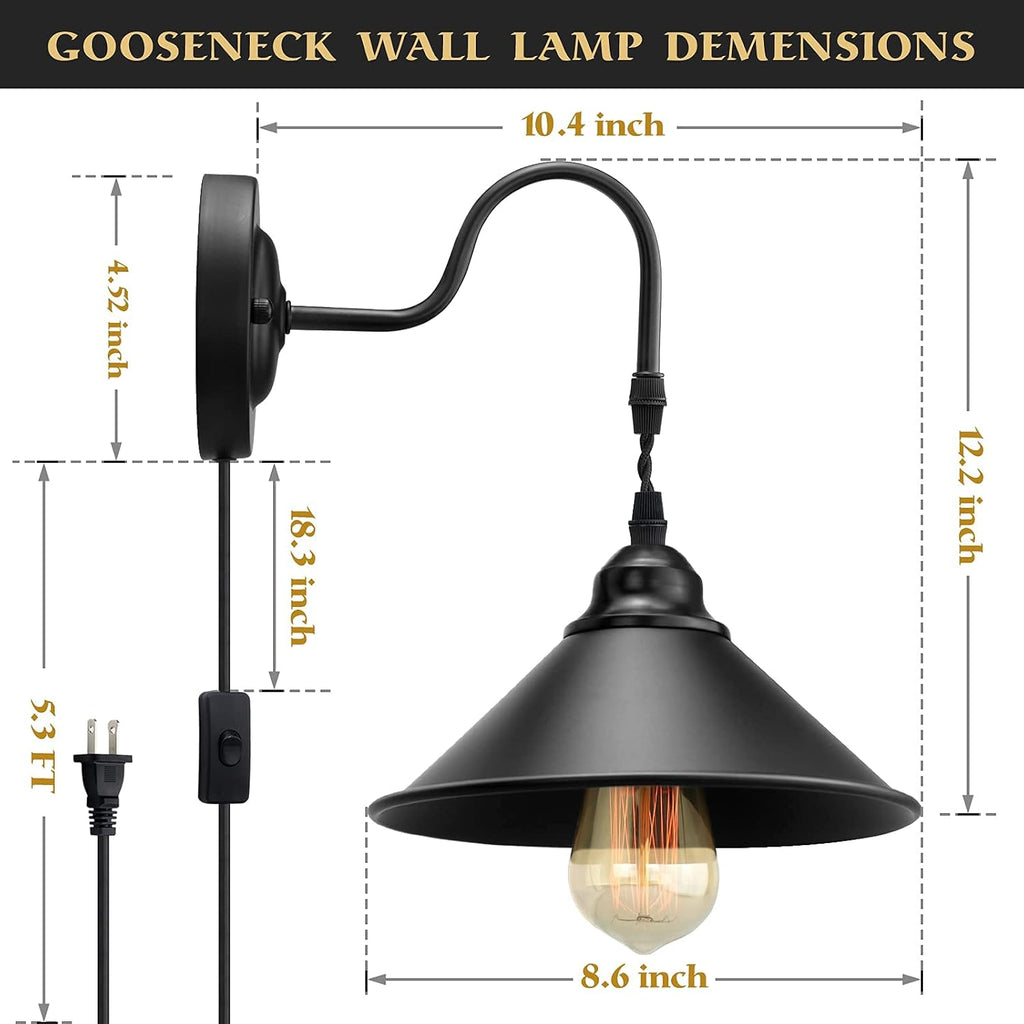 Vintage Plug in Wall Sconces Set of 2 with On/Off Switch, Metal Black Industrial Gooseneck Wall Lamp S132294