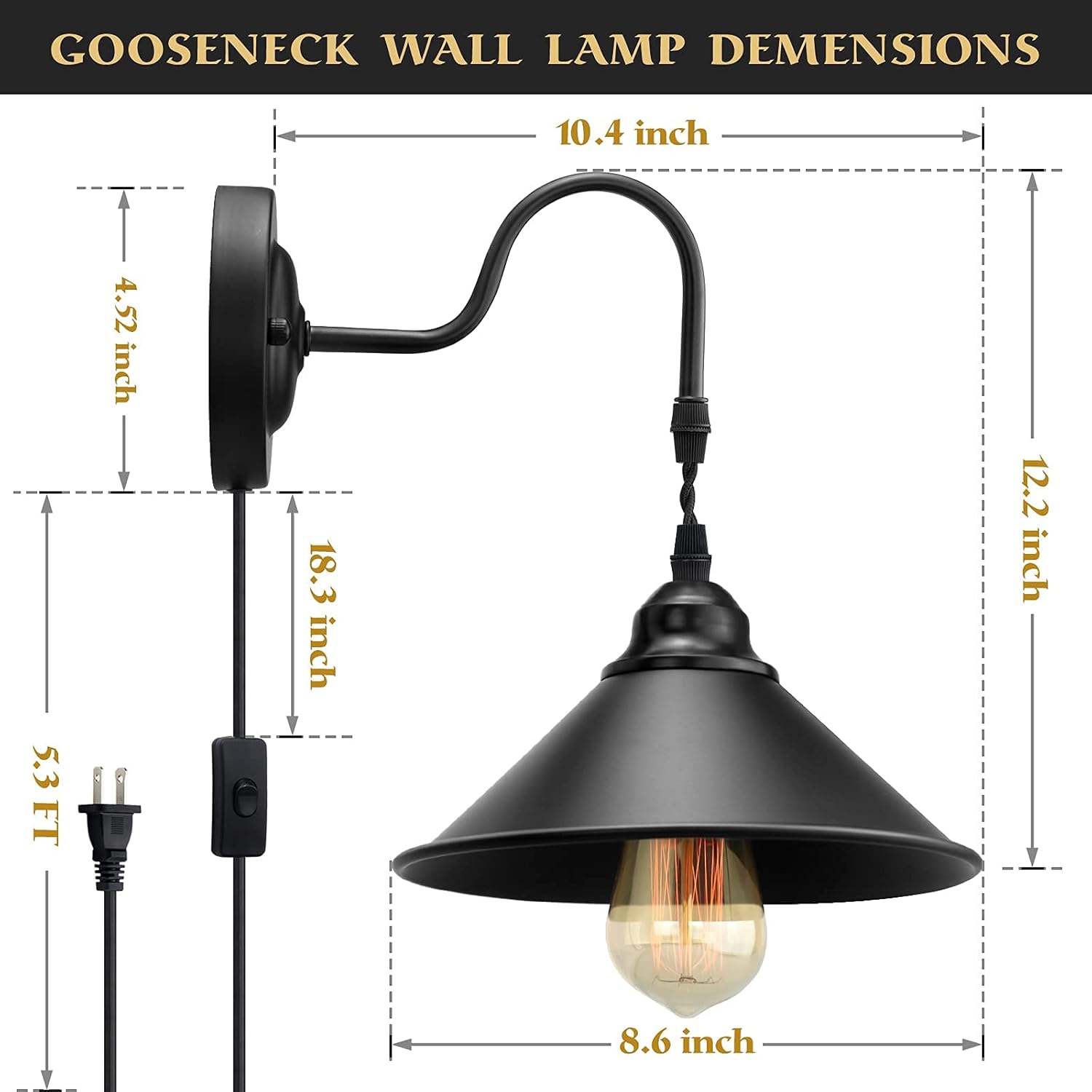 Vintage Plug in Wall Sconces Set of 2 with On/Off Switch, Metal Black Industrial Gooseneck Wall Lamp S132294