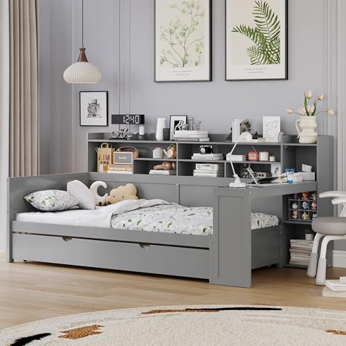 Bellemave Twin Corner Bed Frame with Storage Shelves and Desk, Gray L74206