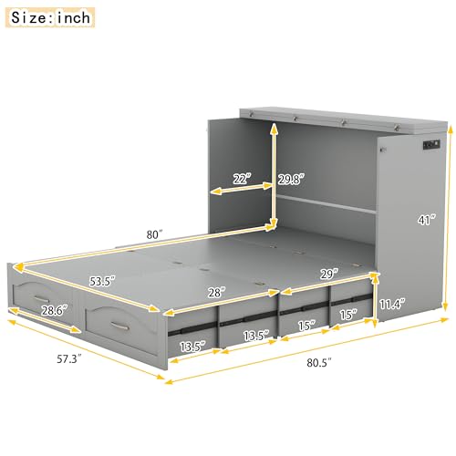 Queen Size Murphy Bed Wall Bed with Storage and Bookcase Headboard, Solid Wood, White H58166