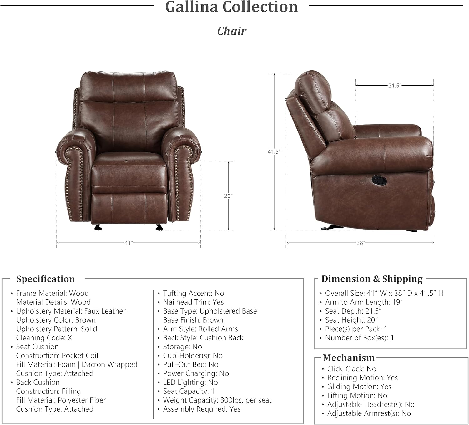 Lexicon Gallina Glider Recliner, Brown O892