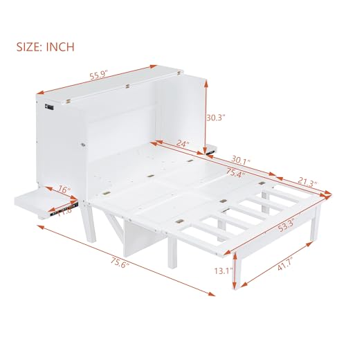 Queen Size Solid Pine Murphy Bed Chest with Charging Station and Storage Drawer K498