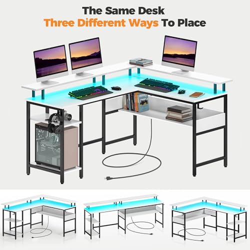 Rolanstar Computer Desk 56.7" with LED Lights and Power Outlets, Carbon Fiber Surface K1543