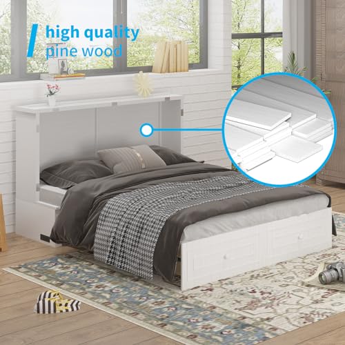 Mjkone Murphy Bed Cabinet Queen Size with USB Charging Station & Storage Drawers, White U176463