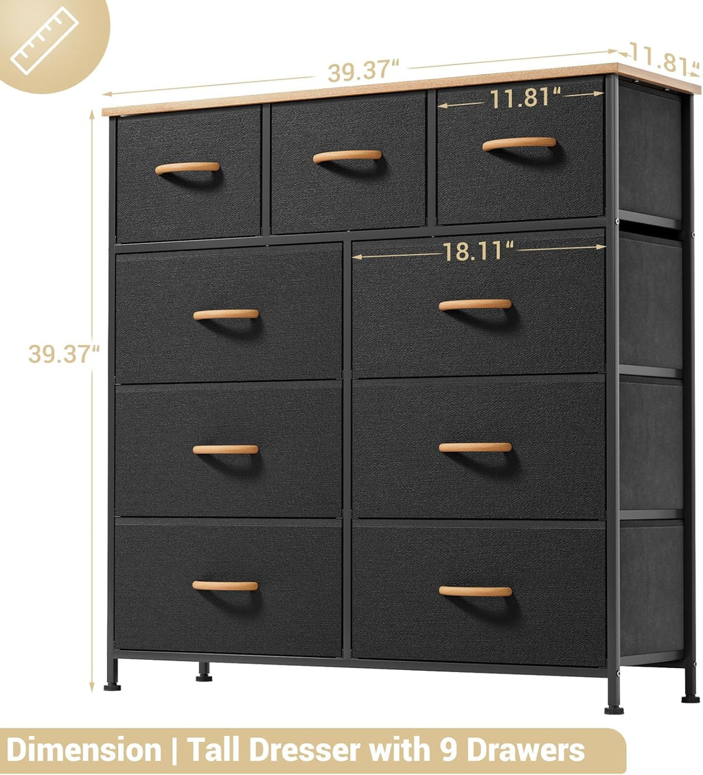 Black Dresser with 9 Drawers and Steel Frame E2248