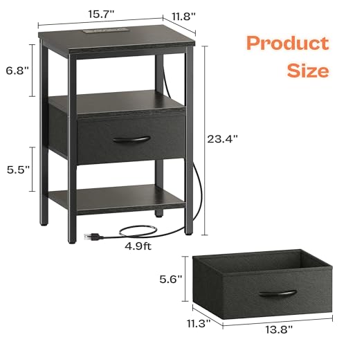 SUPERJARE Nightstand with Charging Station, Fabric Drawer, 3-Tier Storage, Walnut K366263