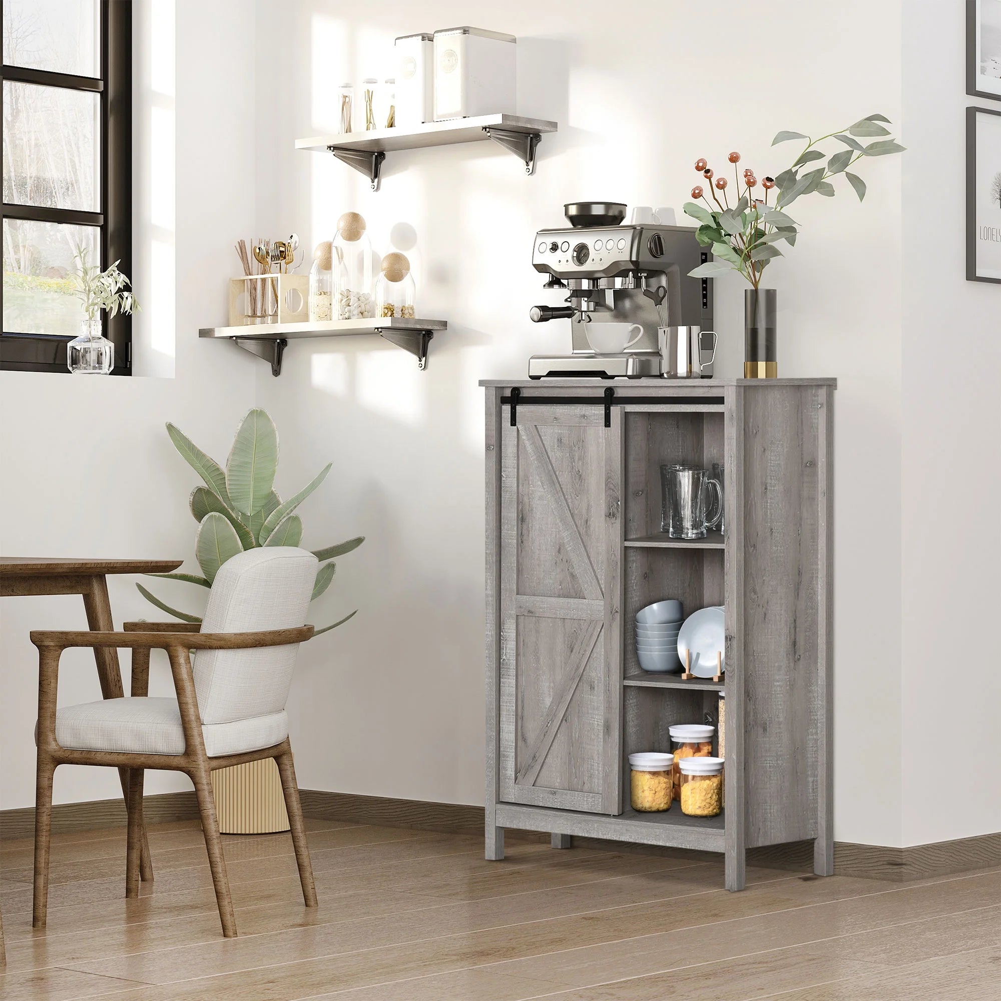 HOMCOM Farmhouse Accent Cabinet with Barn Door, Grey Oak U658117