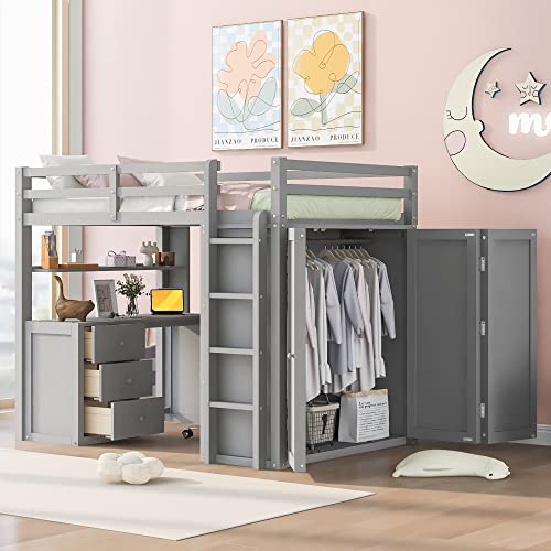 Harper & Bright Designs Full Loft Bed with Desk, Wardrobe, Solid Wood N868457