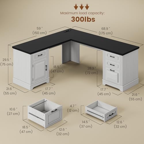 Itaar Farmhouse Executive L Shaped Desk with File Drawer and Power Outlet, White X918168