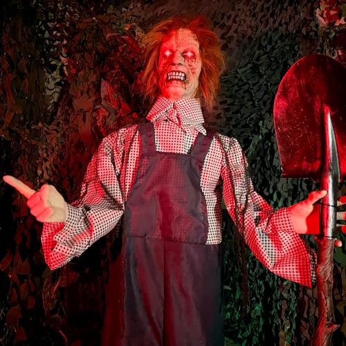 Haunted Hill Farm 5.25-ft Standing Gravekeeper Animatronic with Red LED Eyes and Sound Effects X9371