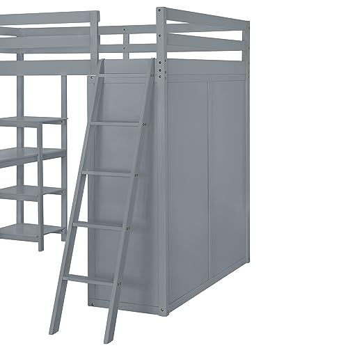 Harper & Bright Designs Full Size Loft Bed with Wardrobe and Desk, Solid Wood, White R4710