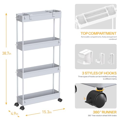 SPACELEAD Slim Storage Cart 4 Tier, Rolling Utility Cart for Bathroom & Kitchen, White Q18019