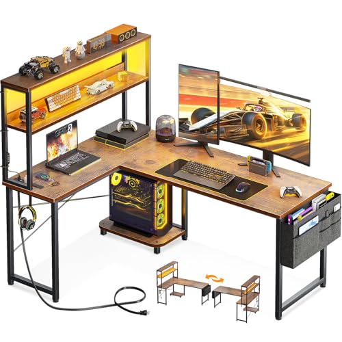 AODK L Shaped Gaming Desk with LED Light & Power Outlet, Grey Oak P41493