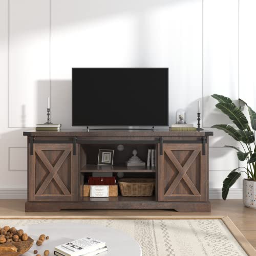 St.Mandyu Farmhouse TV Stand for TVs up to 65 inch, Wood Entertainment Center with Sliding Barn Doors, Brown C49324