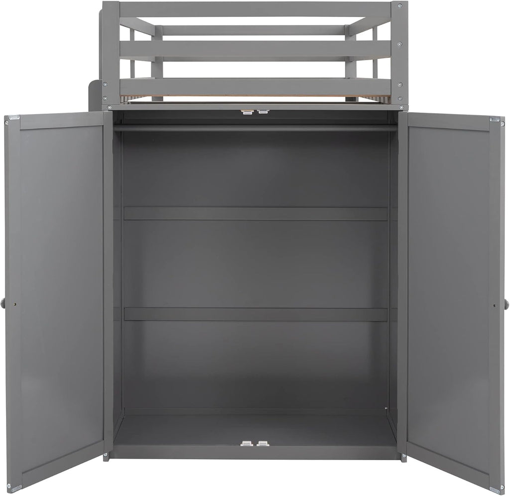 Gray Twin Loft Bed with Desk, Drawers, and Wardrobe D70389