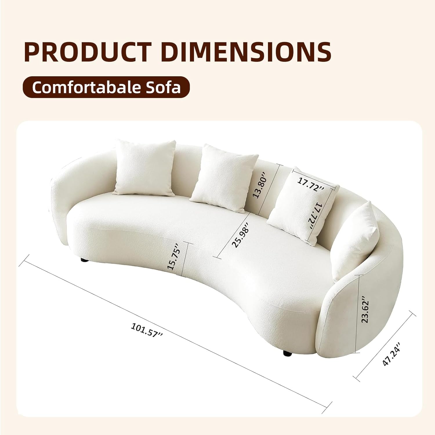 Teddy Fabric Curved 101" Mid Century Modern Half Moon Sectional Sofa with 4 Throw Pillows U200