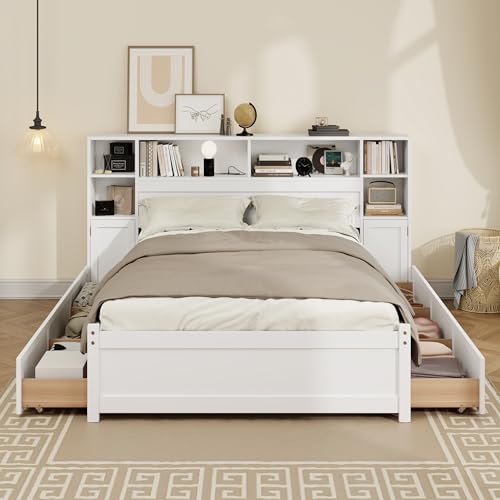 SOFTSEA Twin Size Captains Bed with 6 Storage Drawers and Bookcase Headboard, White H51434