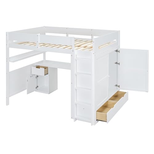 Harper & Bright Designs Twin Size Loft Bed with L-Shaped Desk and Stairs, Solid Wood, White D768