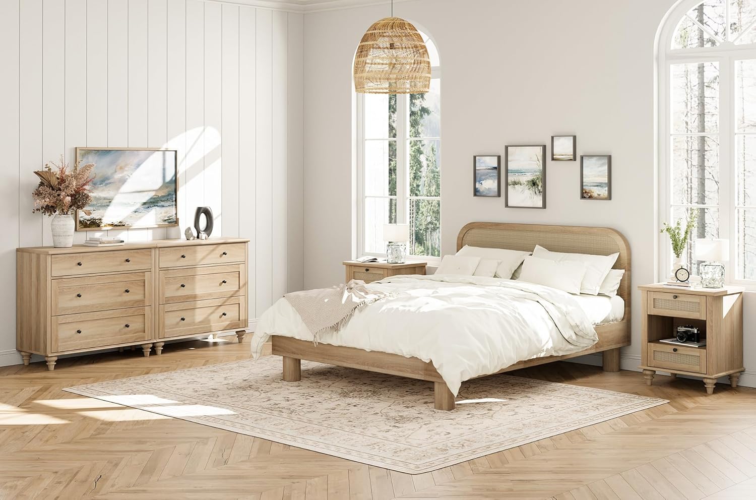 WAMPAT 4 Piece Bedroom Set with 2 Dressers and 2 Nightstands, Oak P906